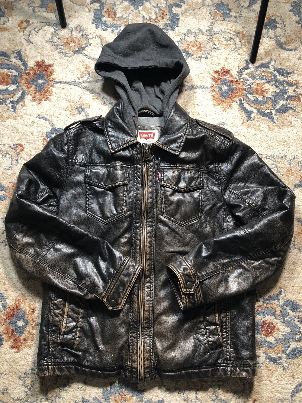 Levis Jacket Mens Medium Brown Faux Leather Hooded Biker Bomber Trucker Sherpa